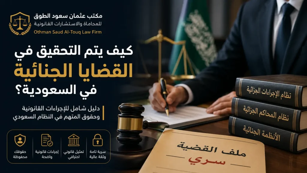 كيف يتم التحقيق في القضايا الجنائية في السعودية؟ صورة قانونية توضيحية من مكتب عثمان سعود الطوق للمحاماة حول إجراءات التحقيق الجنائي وحقوق المتهم في الدمام