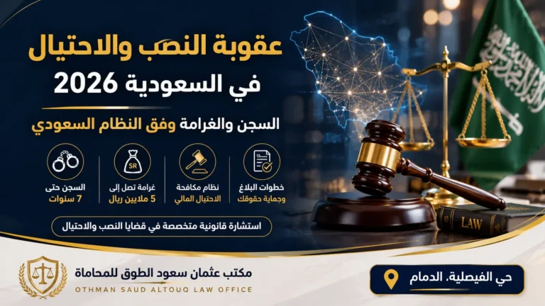 عقوبة النصب والاحتيال في السعودية 2026 السجن والغرامة وفق النظام السعودي مكتب عثمان سعود الطوق للمحاماة حي الفيصلية الدمام