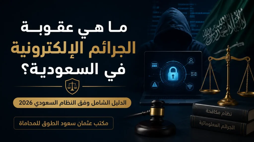 ما هي عقوبة الجرائم الإلكترونية في السعودية؟ تصميم قانوني احترافي يوضح الجرائم الإلكترونية وعقوباتها وفق النظام السعودي 2026، مع رموز الأمن السيبراني والعدالة، مقدم من مكتب عثمان سعود الطوق للمحاماة بالدمام.
