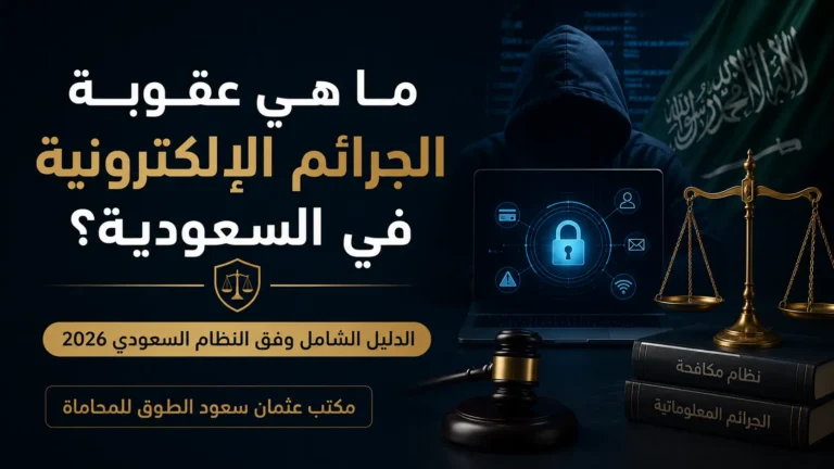 ما هي عقوبة الجرائم الإلكترونية في السعودية؟ تصميم قانوني احترافي يوضح الجرائم الإلكترونية وعقوباتها وفق النظام السعودي 2026، مع رموز الأمن السيبراني والعدالة، مقدم من مكتب عثمان سعود الطوق للمحاماة بالدمام.